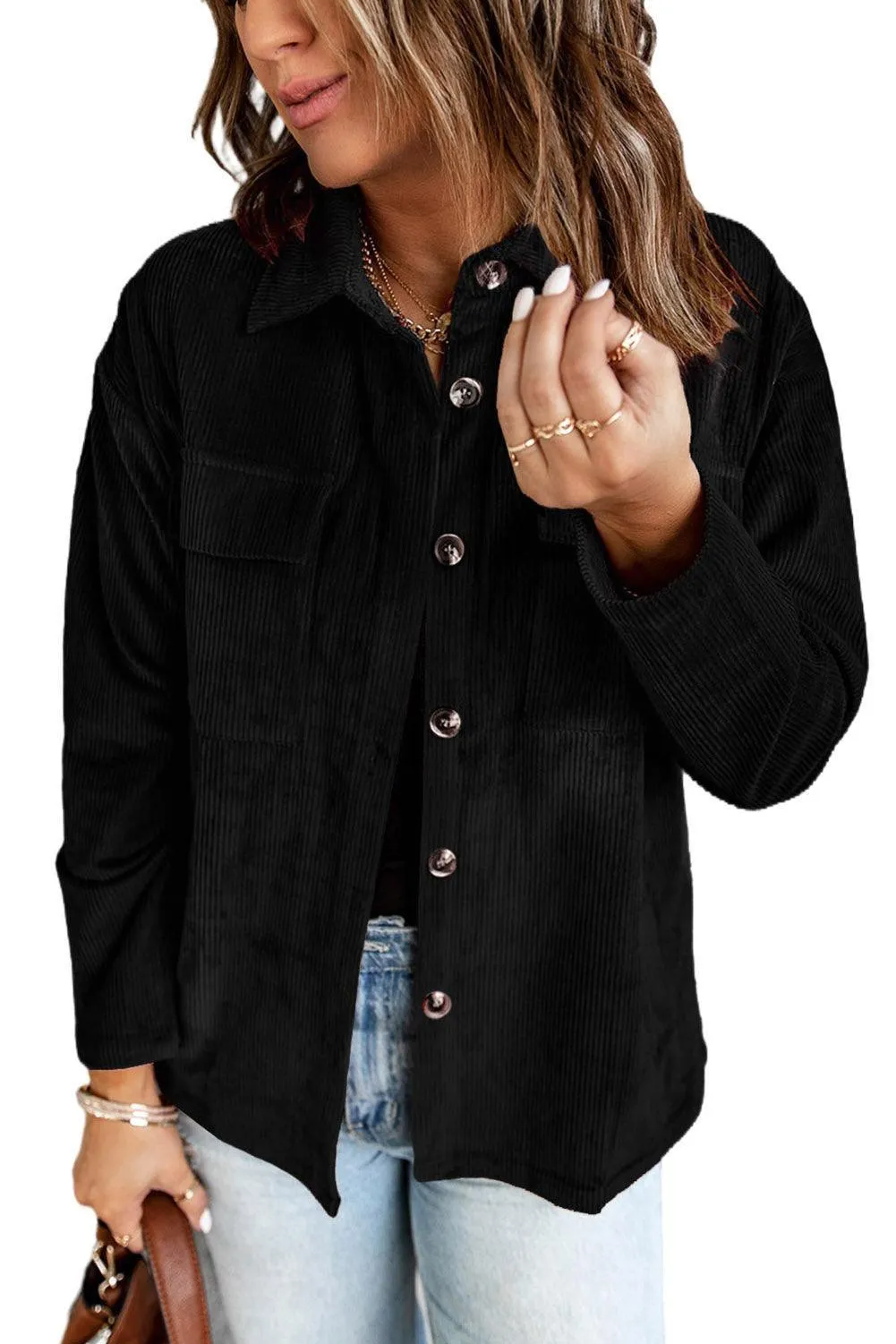 Hazel Blues® | Pocketed Button Ribbed Textured Shacket