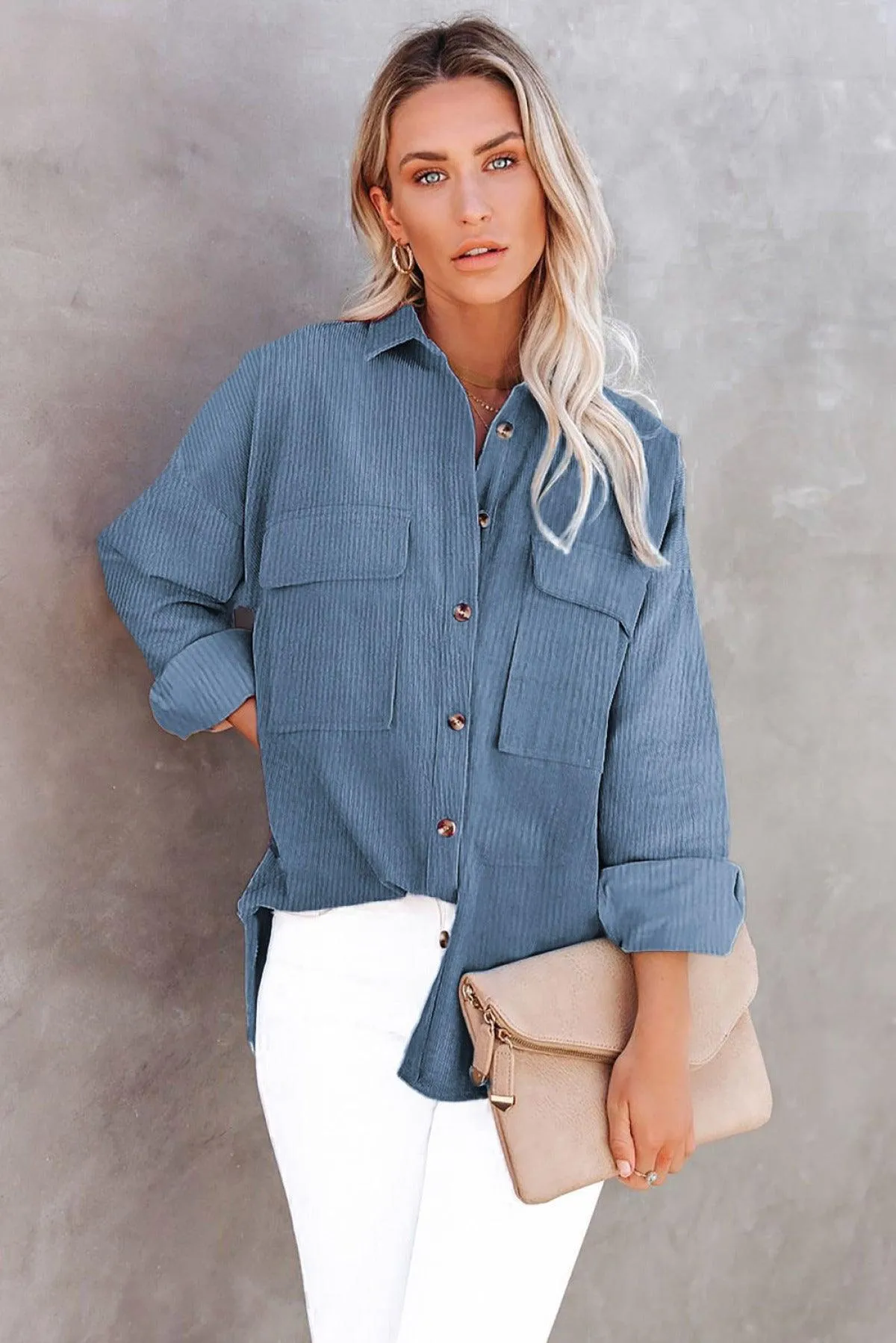 Hazel Blues® | Pocketed Button Ribbed Textured Shacket
