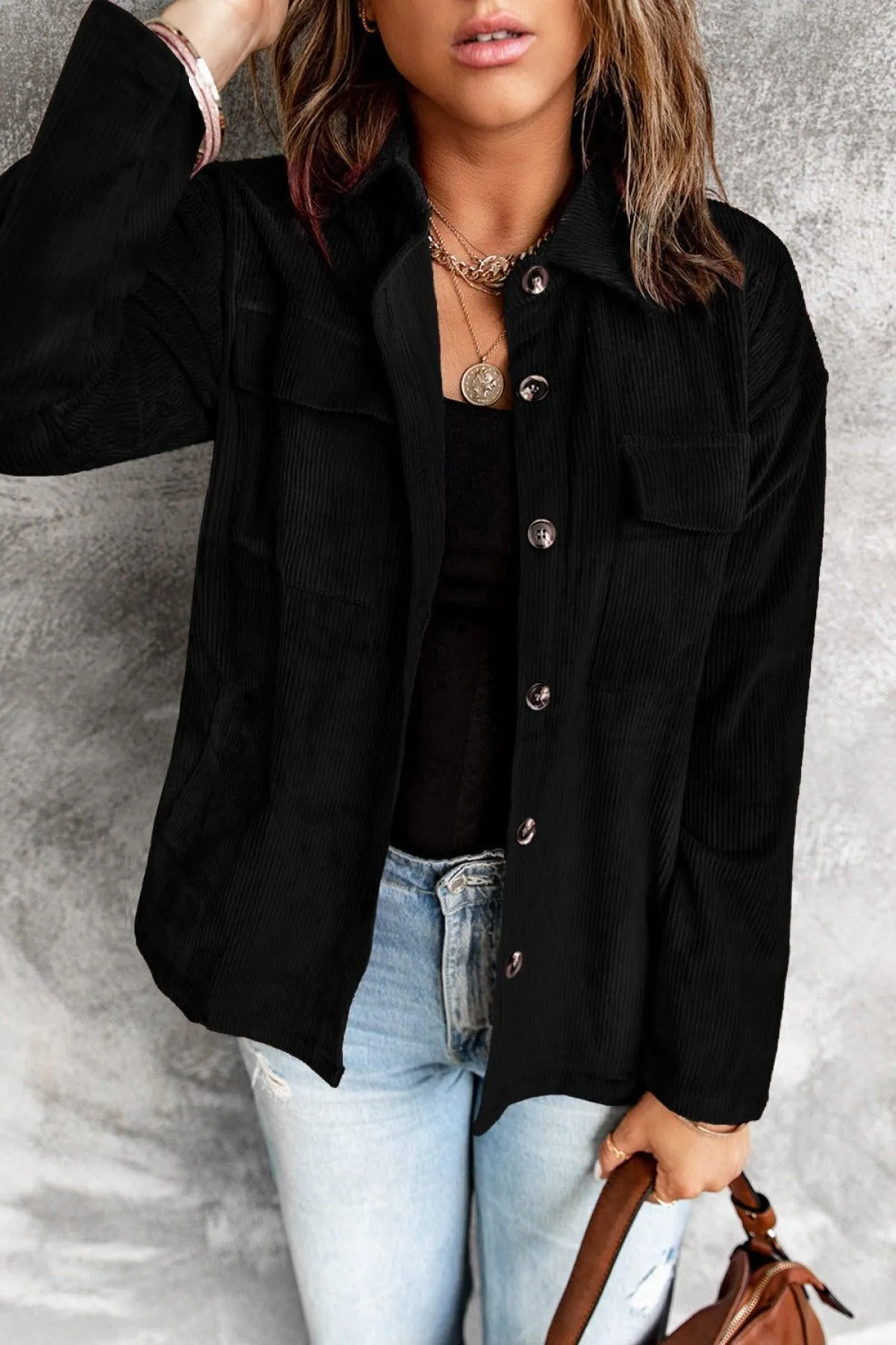 Hazel Blues® | Pocketed Button Ribbed Textured Shacket