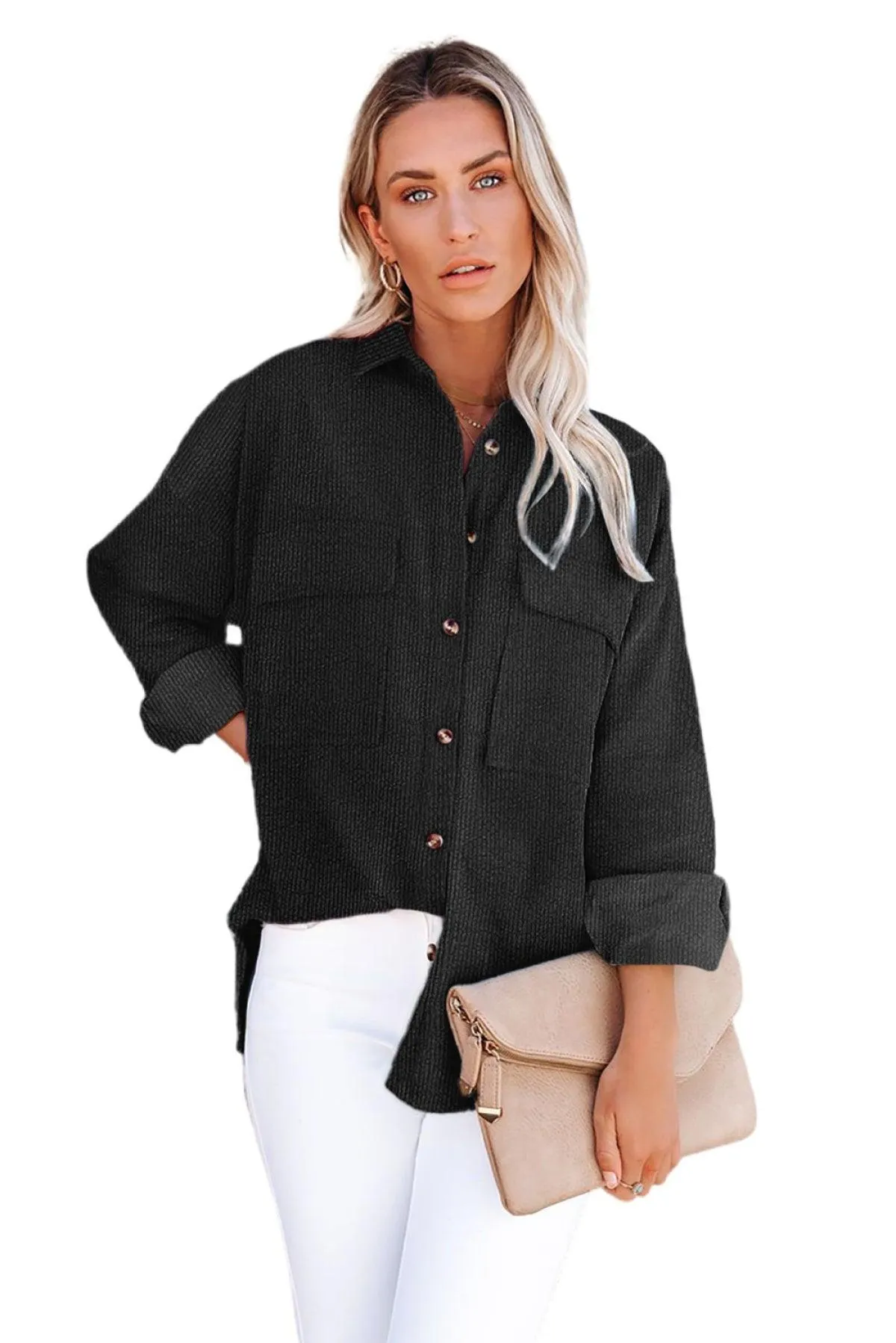 Hazel Blues® | Pocketed Button Ribbed Textured Shacket