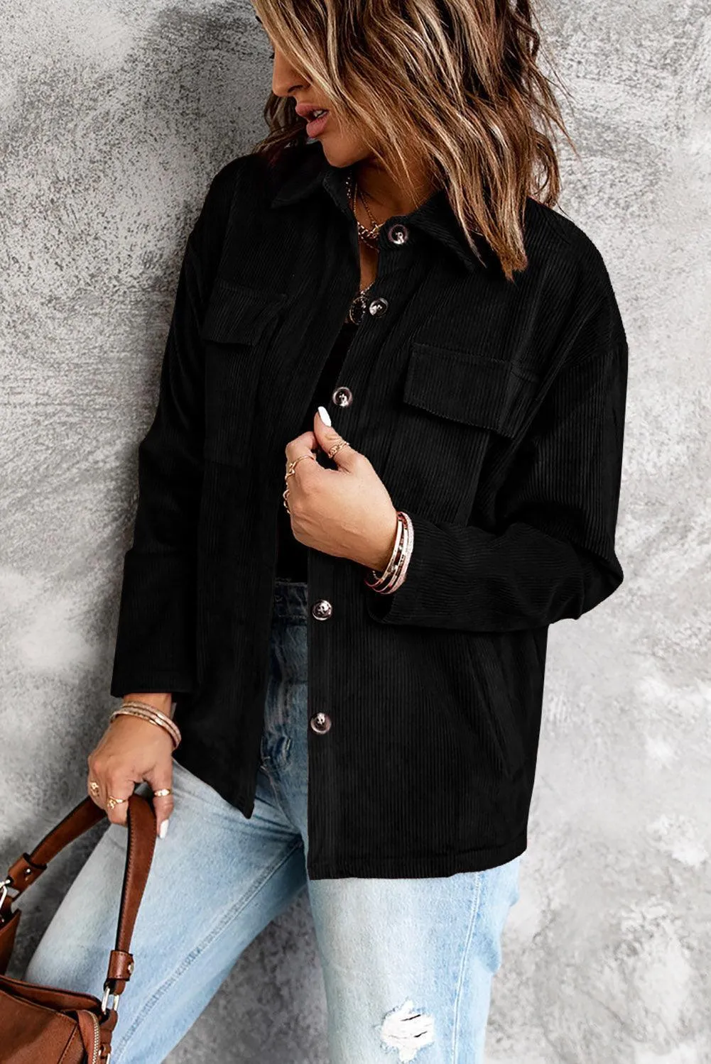 Hazel Blues® | Pocketed Button Ribbed Textured Shacket