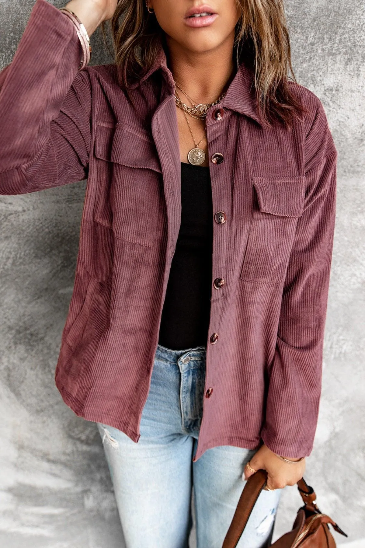 Hazel Blues® | Pocketed Button Ribbed Textured Shacket