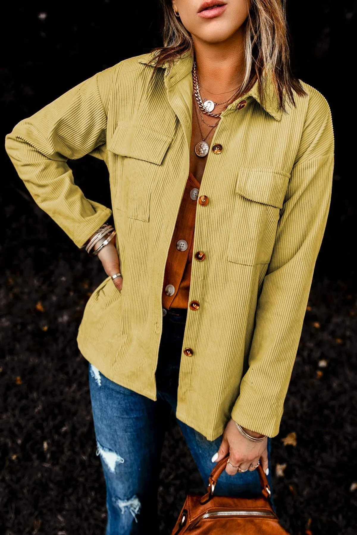 Hazel Blues® | Pocketed Button Ribbed Textured Shacket