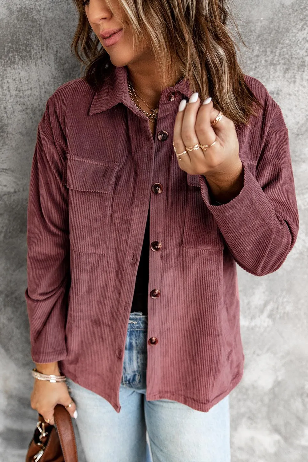 Hazel Blues® | Pocketed Button Ribbed Textured Shacket