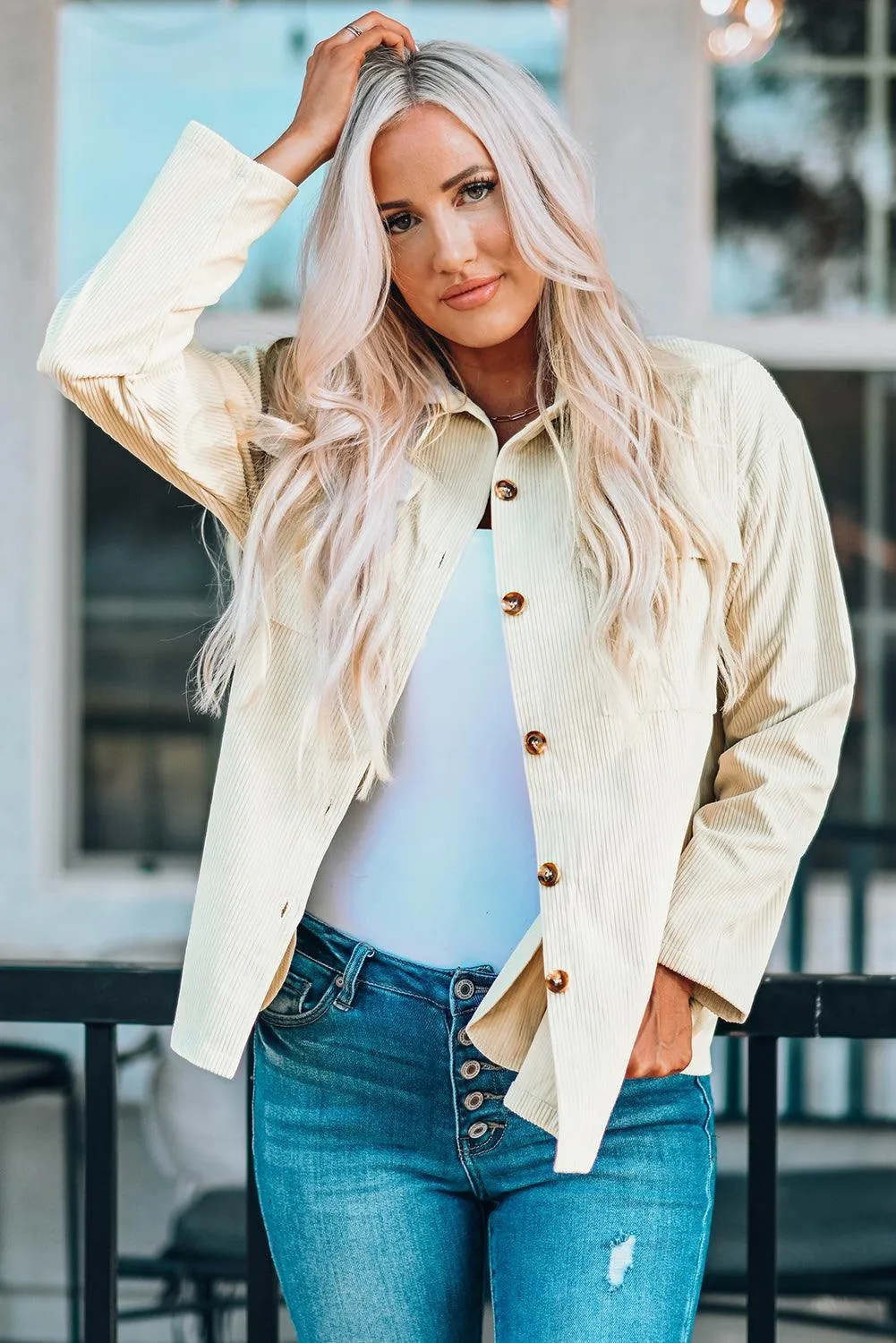 Hazel Blues® | Pocketed Button Ribbed Textured Shacket
