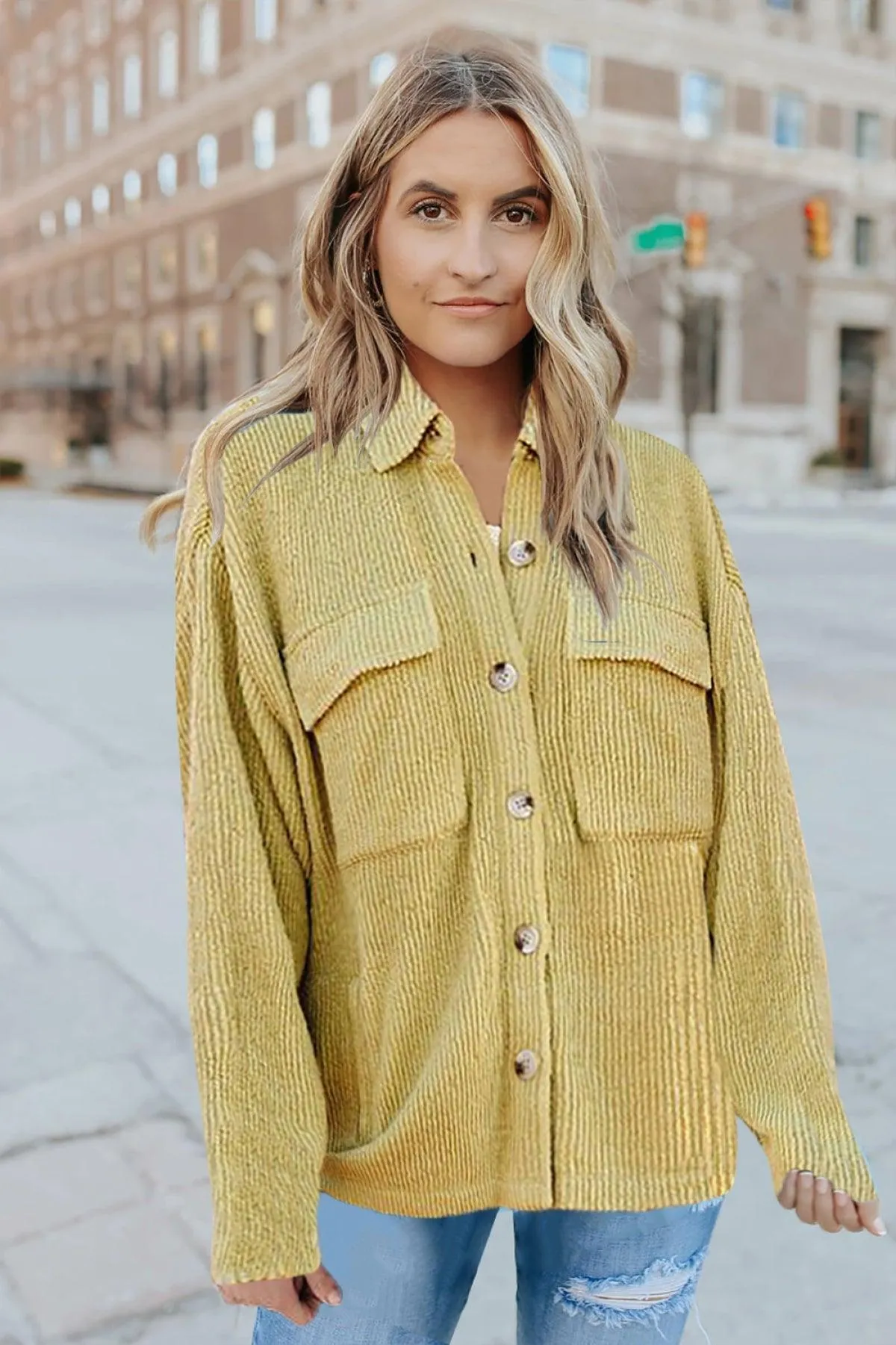 Hazel Blues® | Pocketed Button Ribbed Textured Shacket