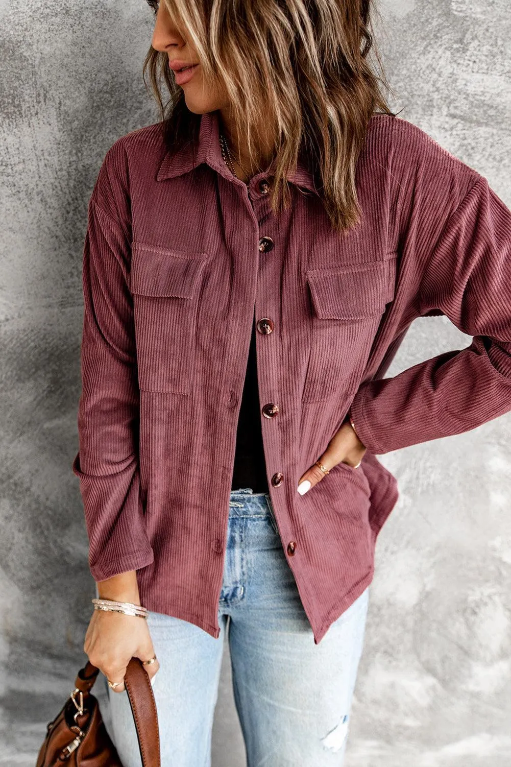 Hazel Blues® | Pocketed Button Ribbed Textured Shacket
