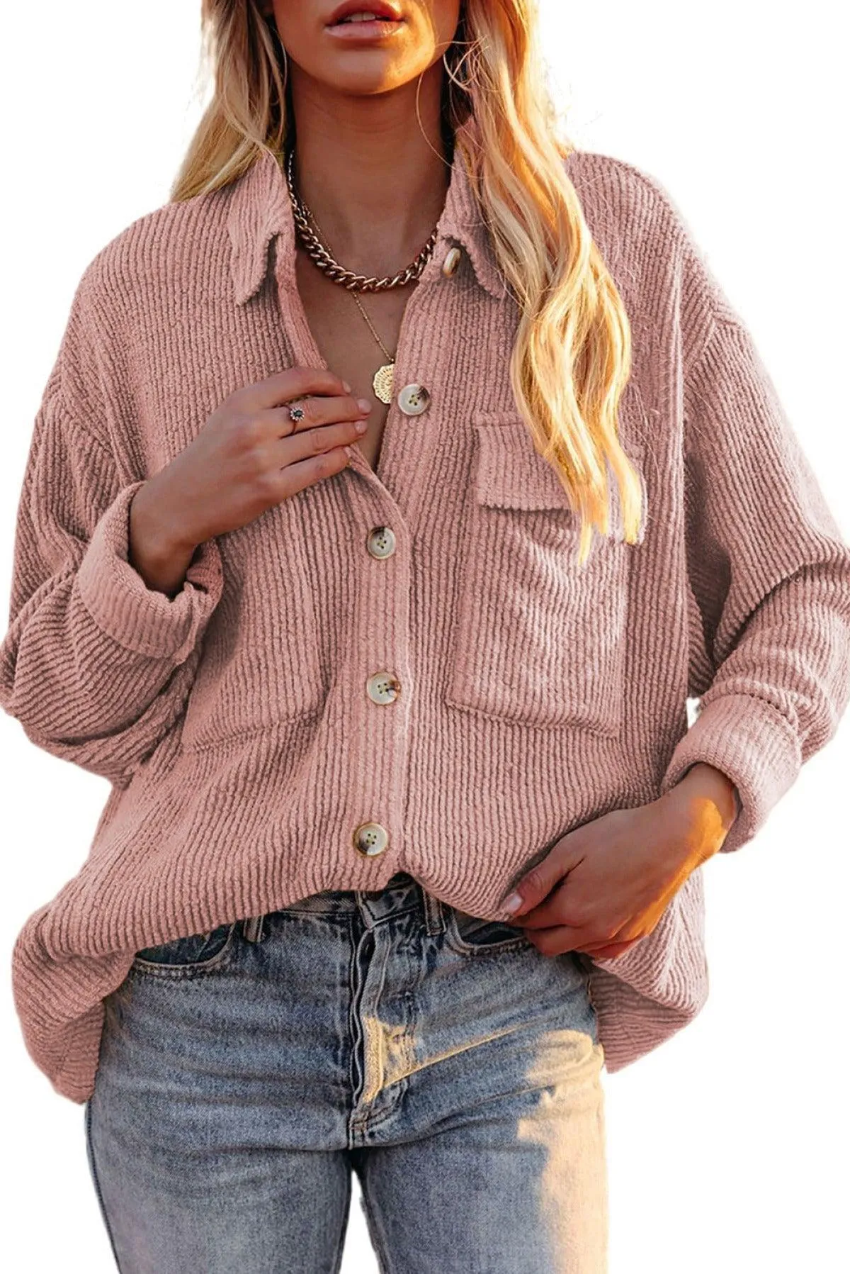 Hazel Blues® | Pocketed Button Ribbed Textured Shacket