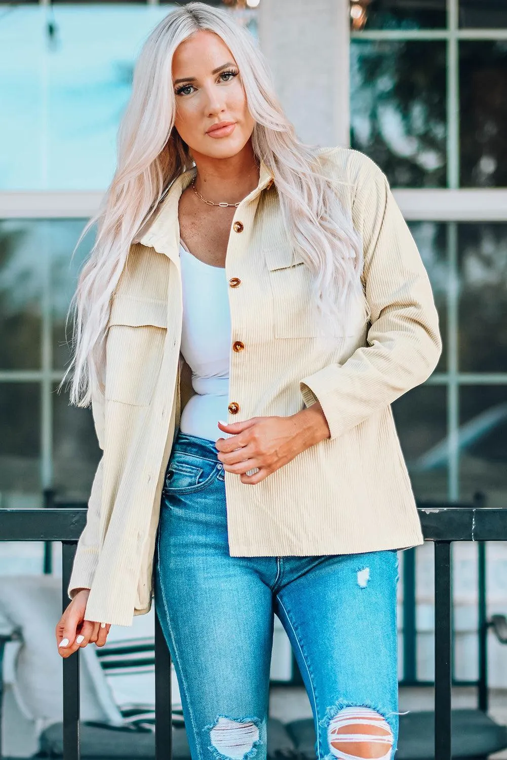Hazel Blues® | Pocketed Button Ribbed Textured Shacket