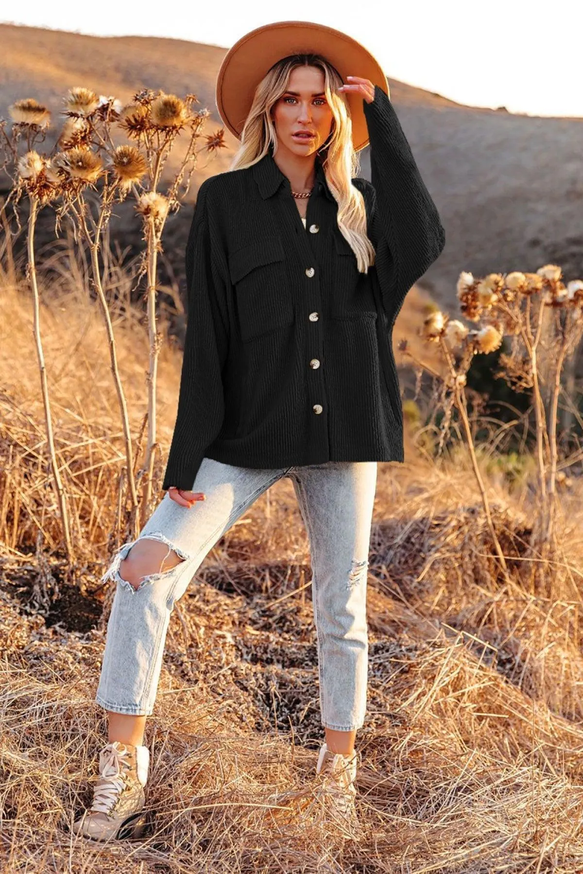 Hazel Blues® | Pocketed Button Ribbed Textured Shacket