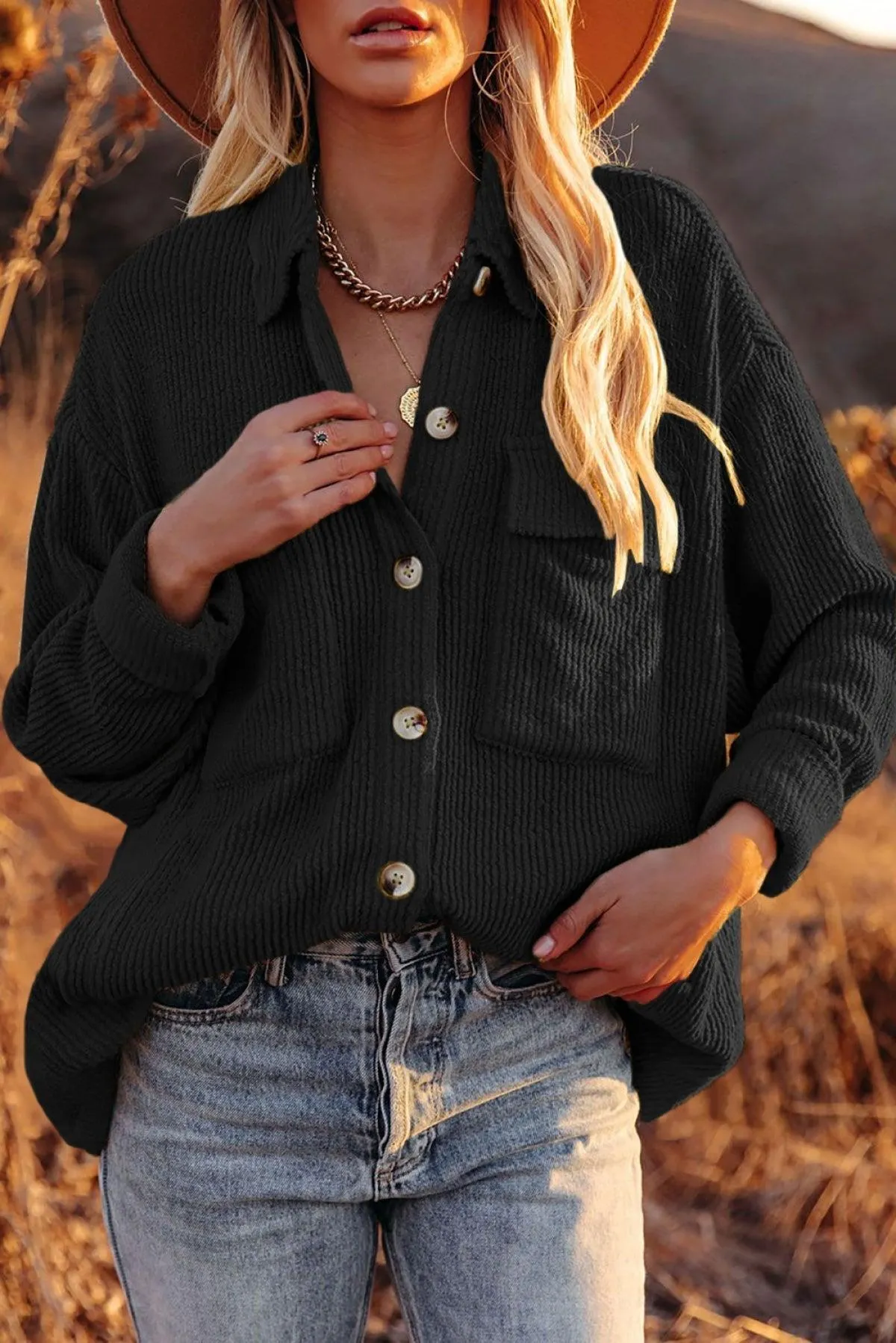 Hazel Blues® | Pocketed Button Ribbed Textured Shacket