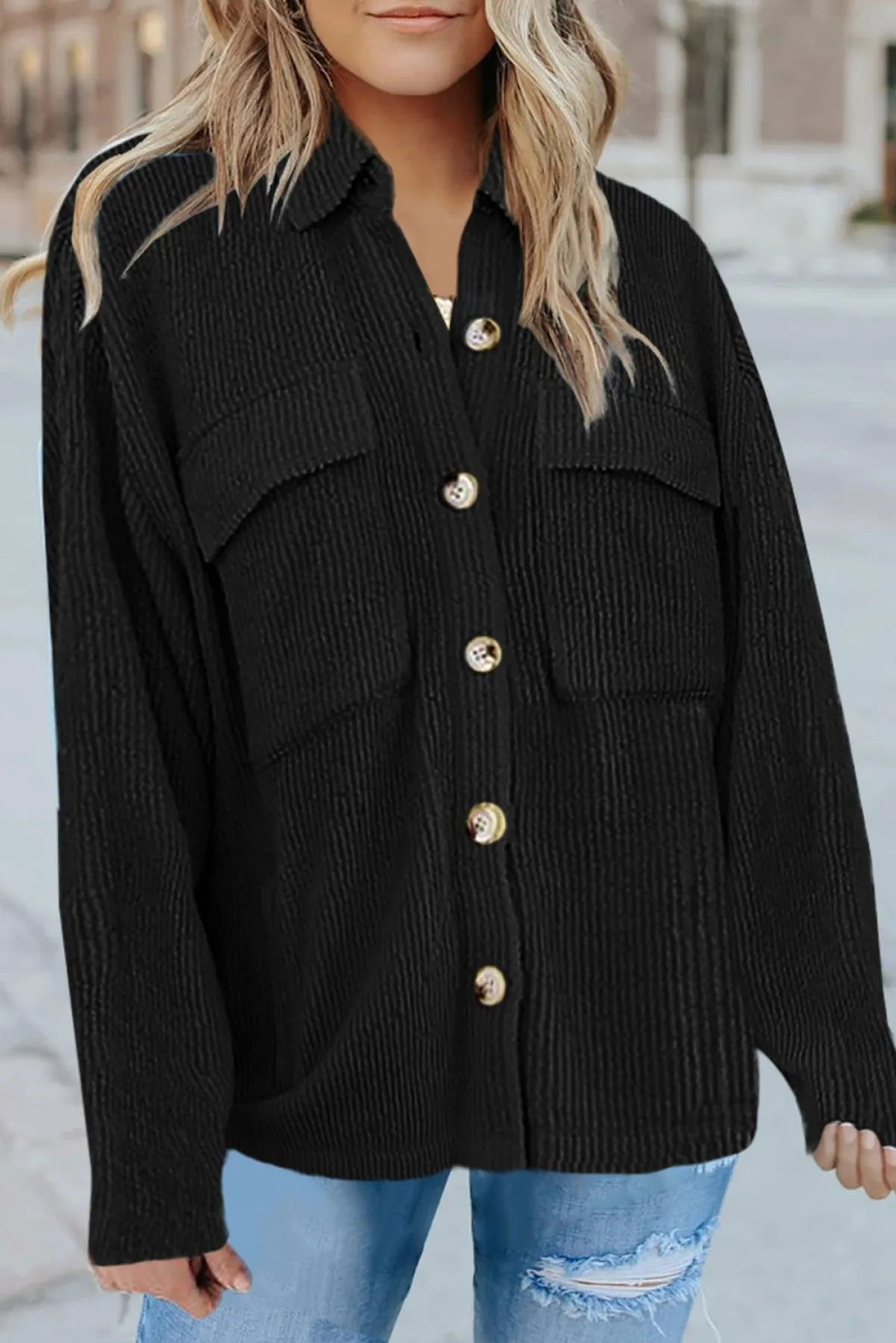 Hazel Blues® | Pocketed Button Ribbed Textured Shacket