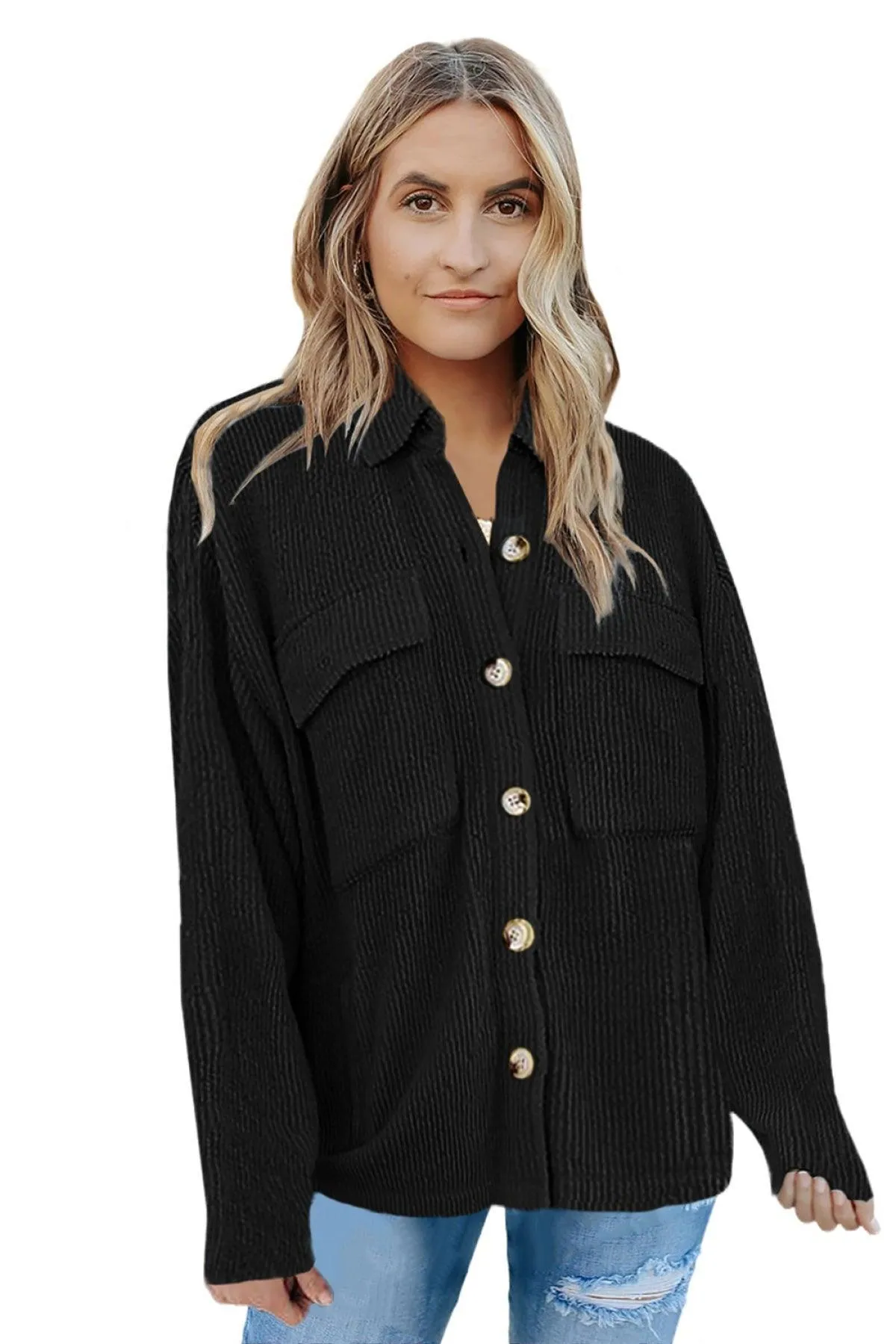 Hazel Blues® | Pocketed Button Ribbed Textured Shacket