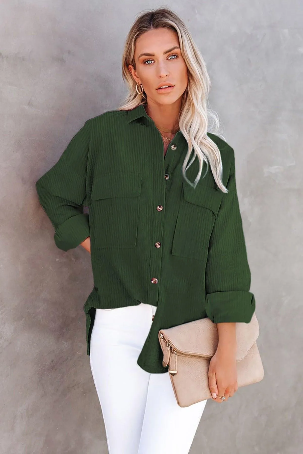 Hazel Blues® | Pocketed Button Ribbed Textured Shacket