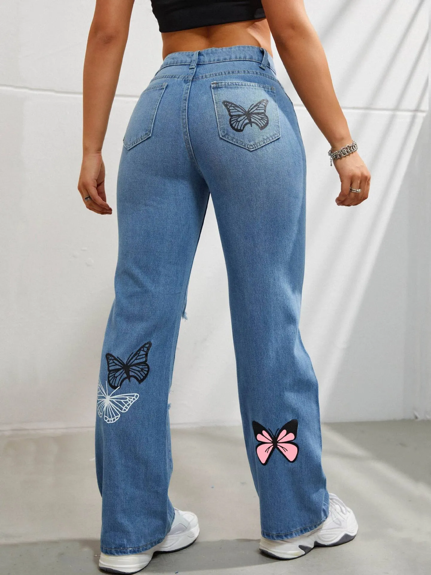 High-Waisted Butterfly Print Ripped Jeans