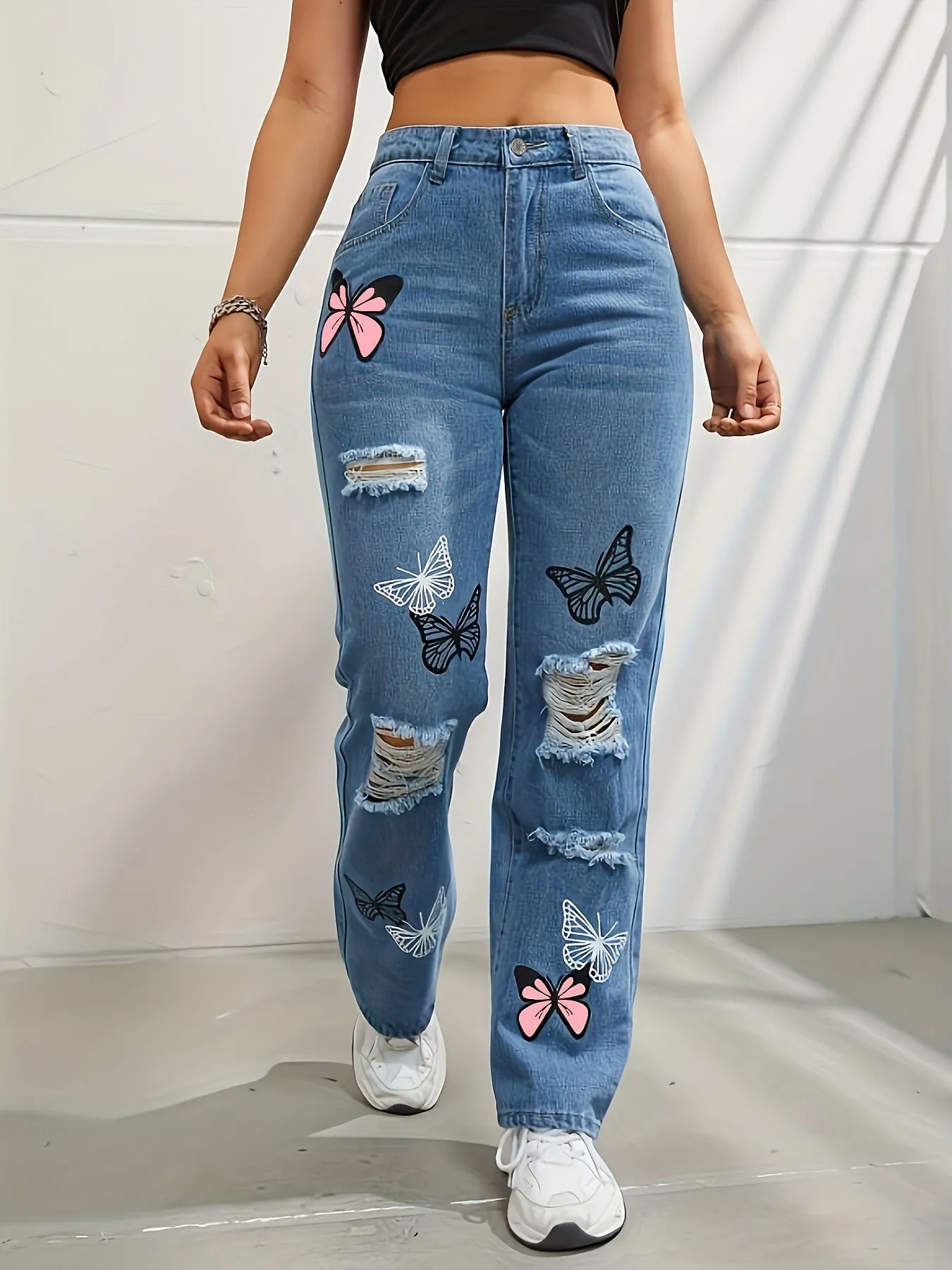 High-Waisted Butterfly Print Ripped Jeans