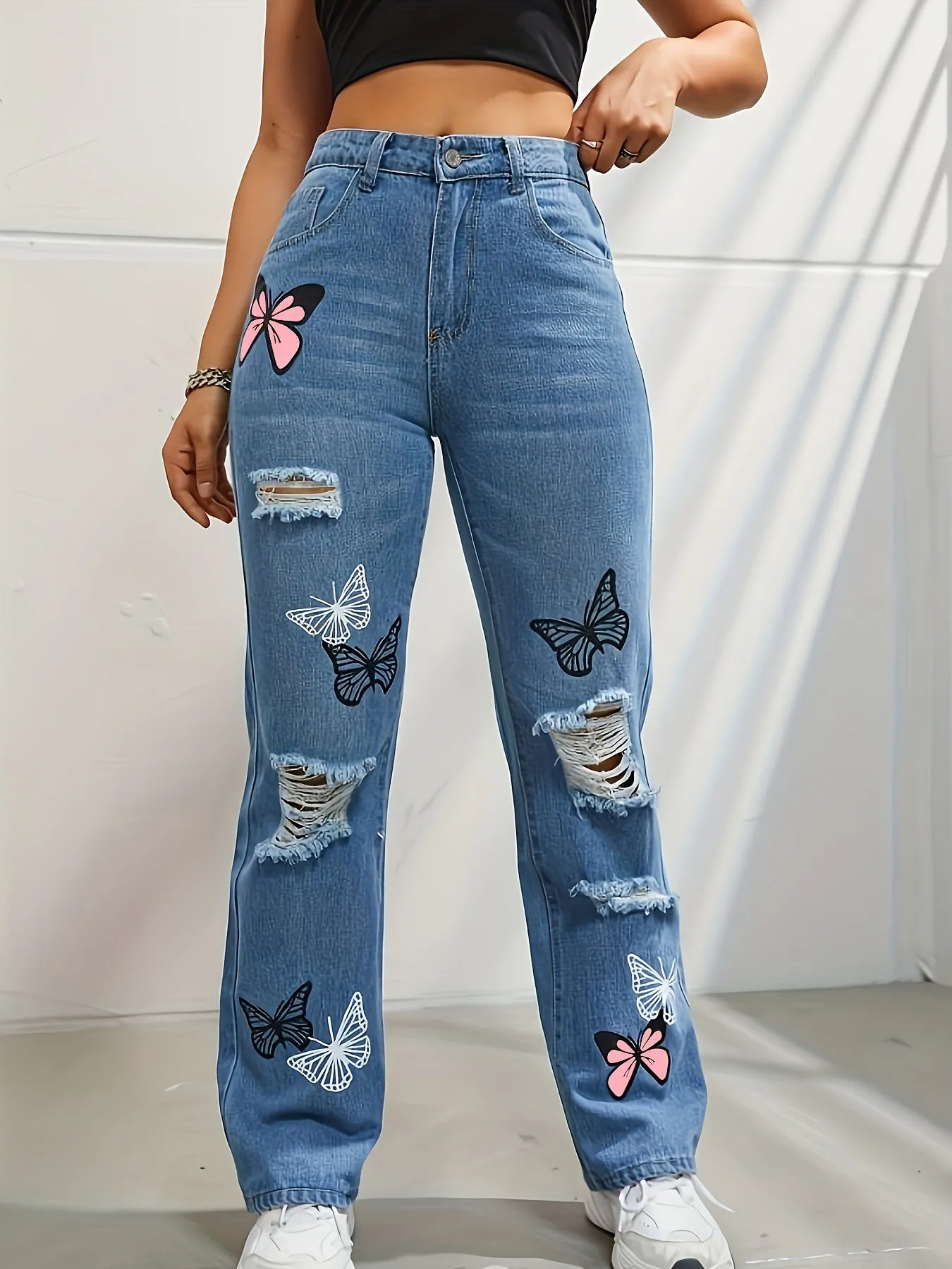 High-Waisted Butterfly Print Ripped Jeans