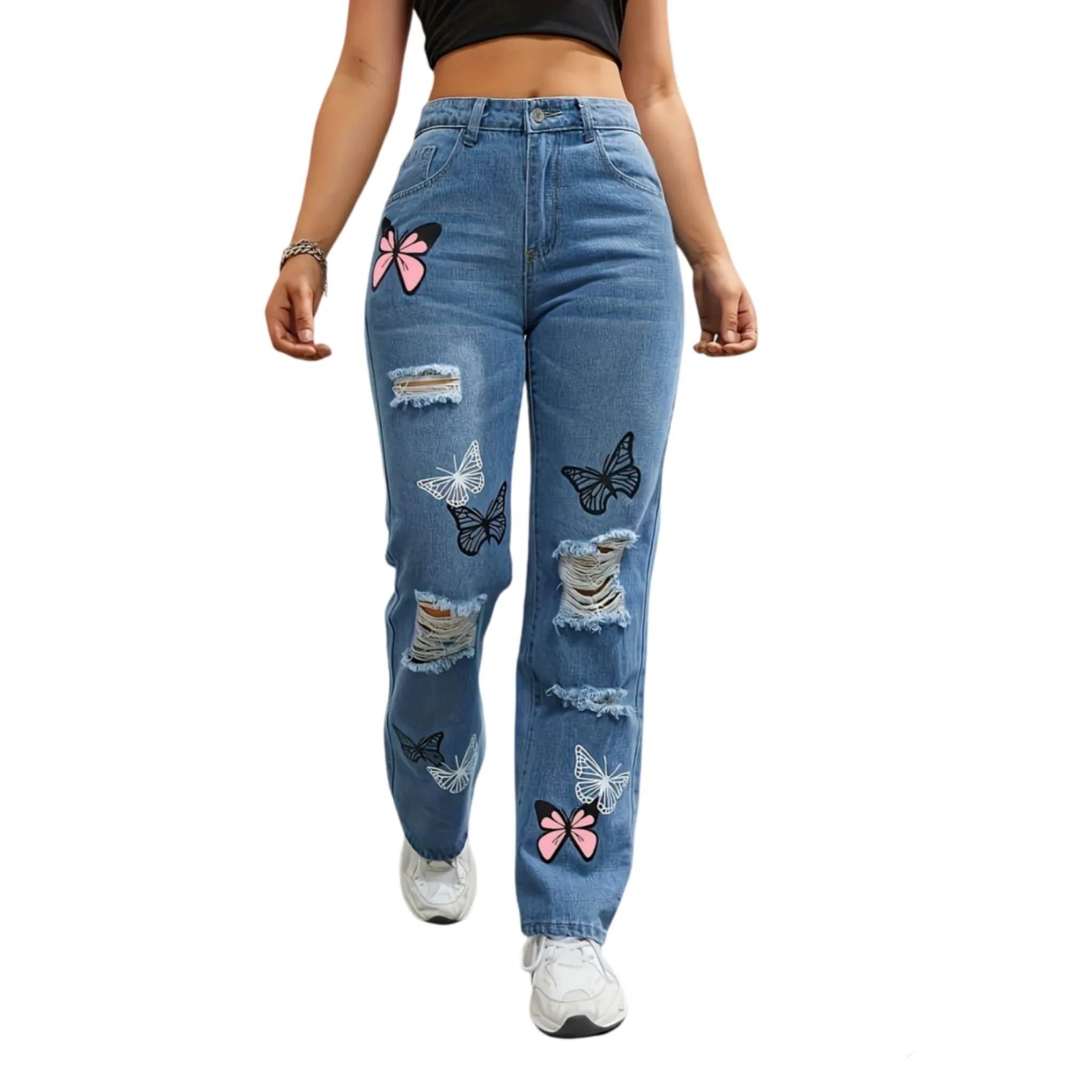 High-Waisted Butterfly Print Ripped Jeans
