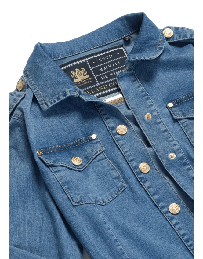 Holland Cooper Light Indigo Wash Denim Shirt Dress with pockets UK 16