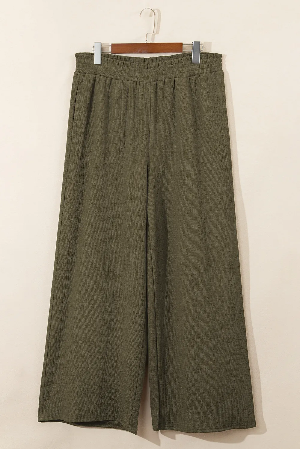 Jungle Green Plus Size Textured Shirred High Waist Casual Pants