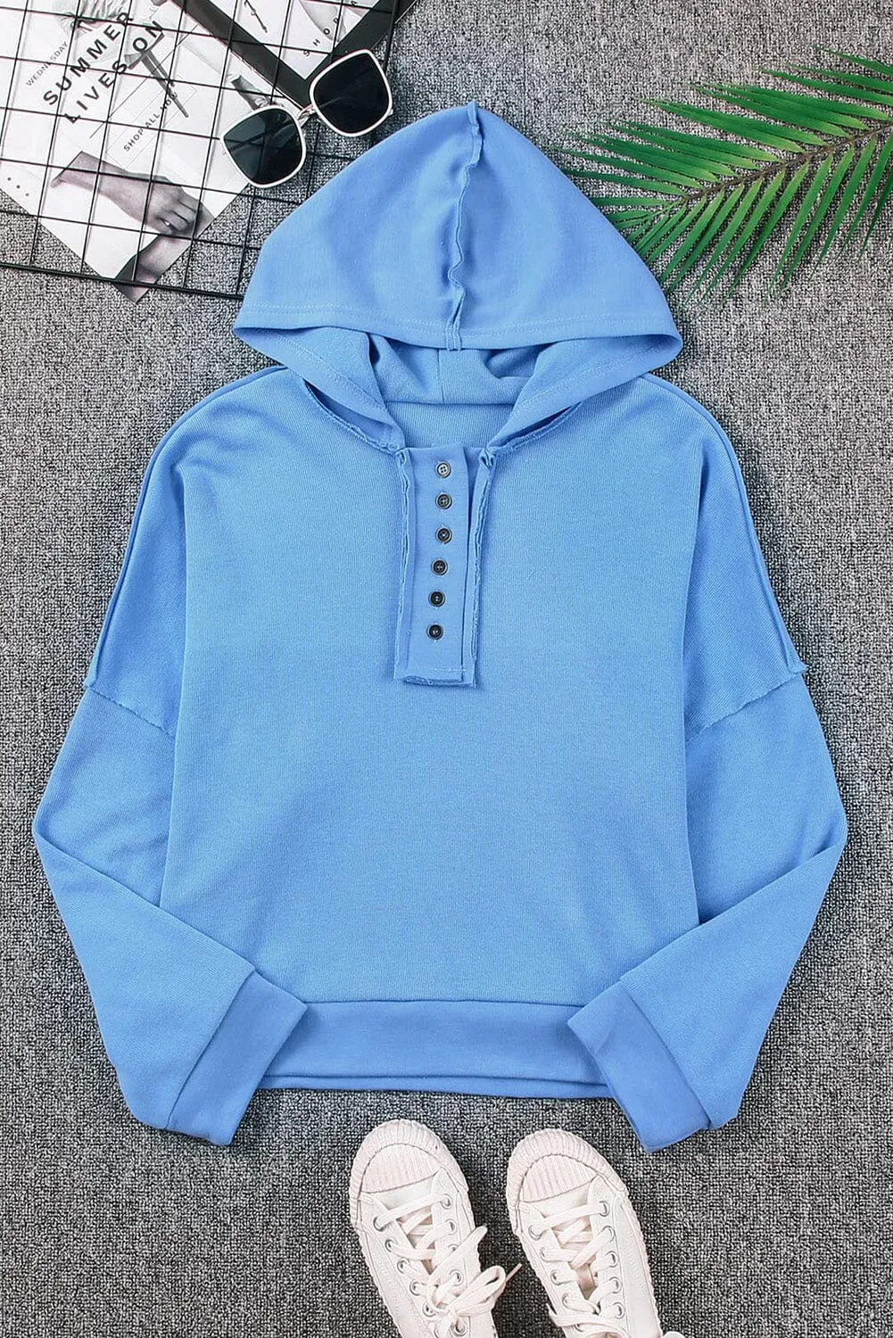 KaleaBoutique Casual Button Solid Patchwork Trim Hoodie