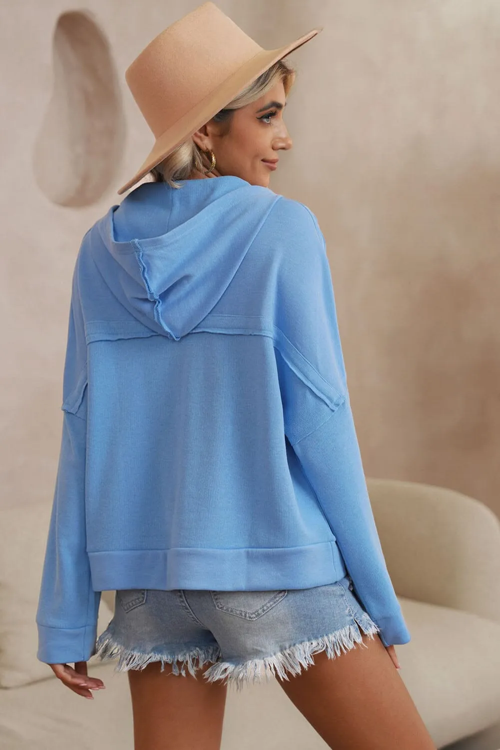 KaleaBoutique Casual Button Solid Patchwork Trim Hoodie