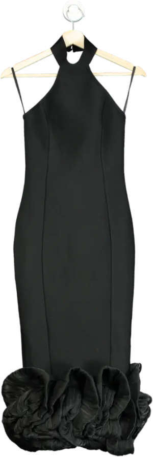 Karen Millen Black Petite Figure Form Bandage Ruffle Hem Halter Knit Midi Dress UK XS