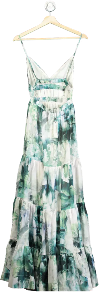 Karen Millen Blue Watercolour Cotton Plunge Strappy Woven Maxi Dress UK 8