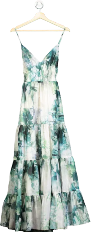 Karen Millen Blue Watercolour Cotton Plunge Strappy Woven Maxi Dress UK 8