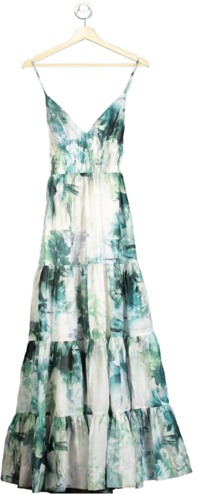 Karen Millen Blue Watercolour Cotton Plunge Strappy Woven Maxi Dress UK 8