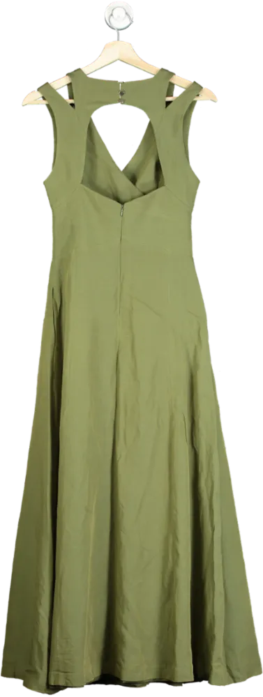 Karen Millen Khaki Open Back V Neck Woven Midi Dress UK 6