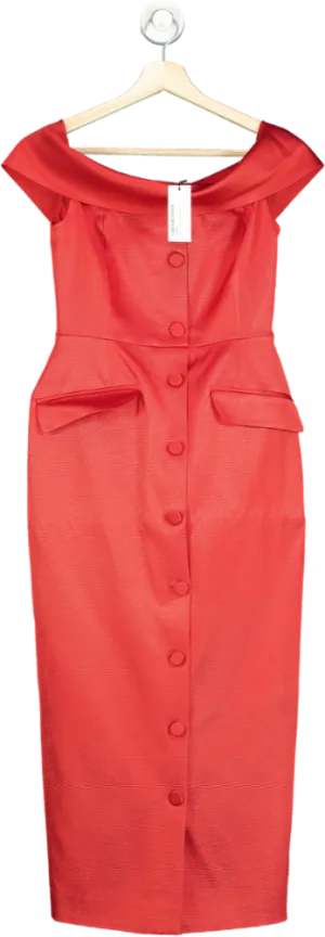 Karen Millen Red Italian Structured Rib Bardot Button Through Tailored Midi Dress UK 6