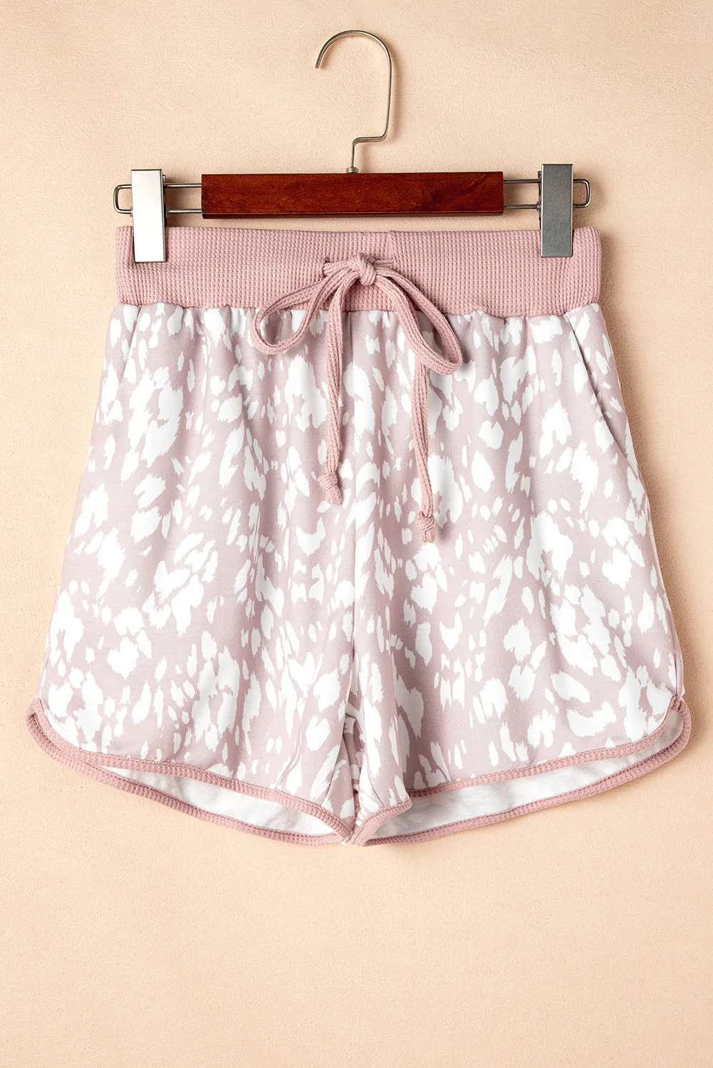 Khaki Classic Leopard Arched Hem Elastic Waist Casual Shorts