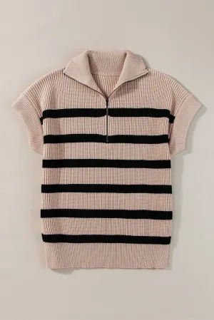 Khaki Stripe Zipped Collar Short Sleeve Sweater