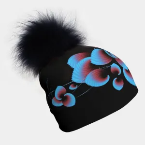Lalitas Beanie With Black Pompom - Blue Flowers