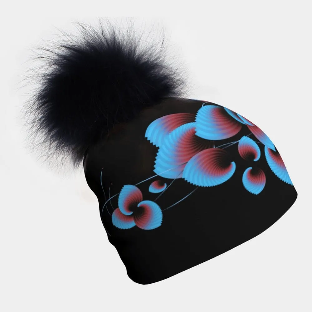 Lalitas Beanie With Black Pompom - Blue Flowers