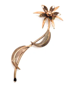 Large copper 3D flower brooch with stem and leaves vintage pin 4.5 inches