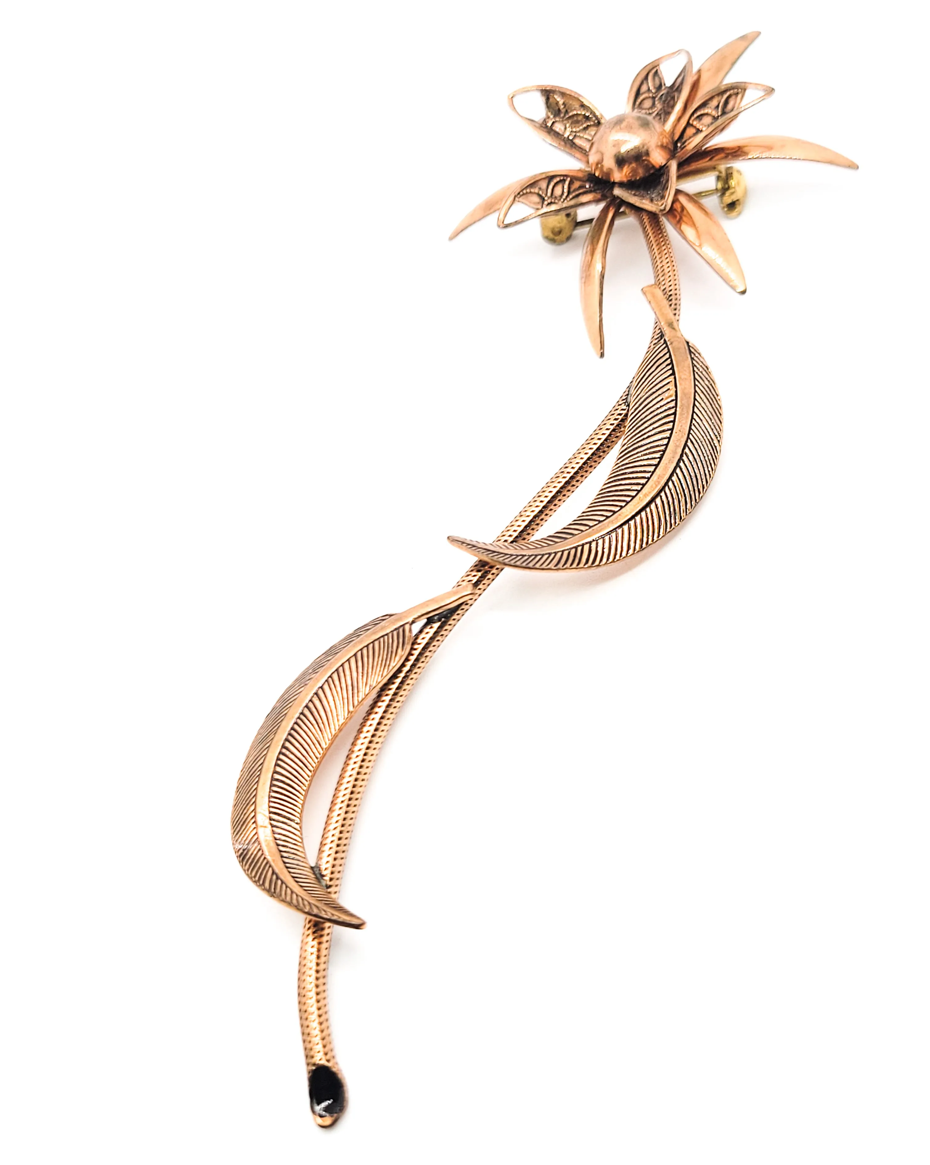 Large copper 3D flower brooch with stem and leaves vintage pin 4.5 inches