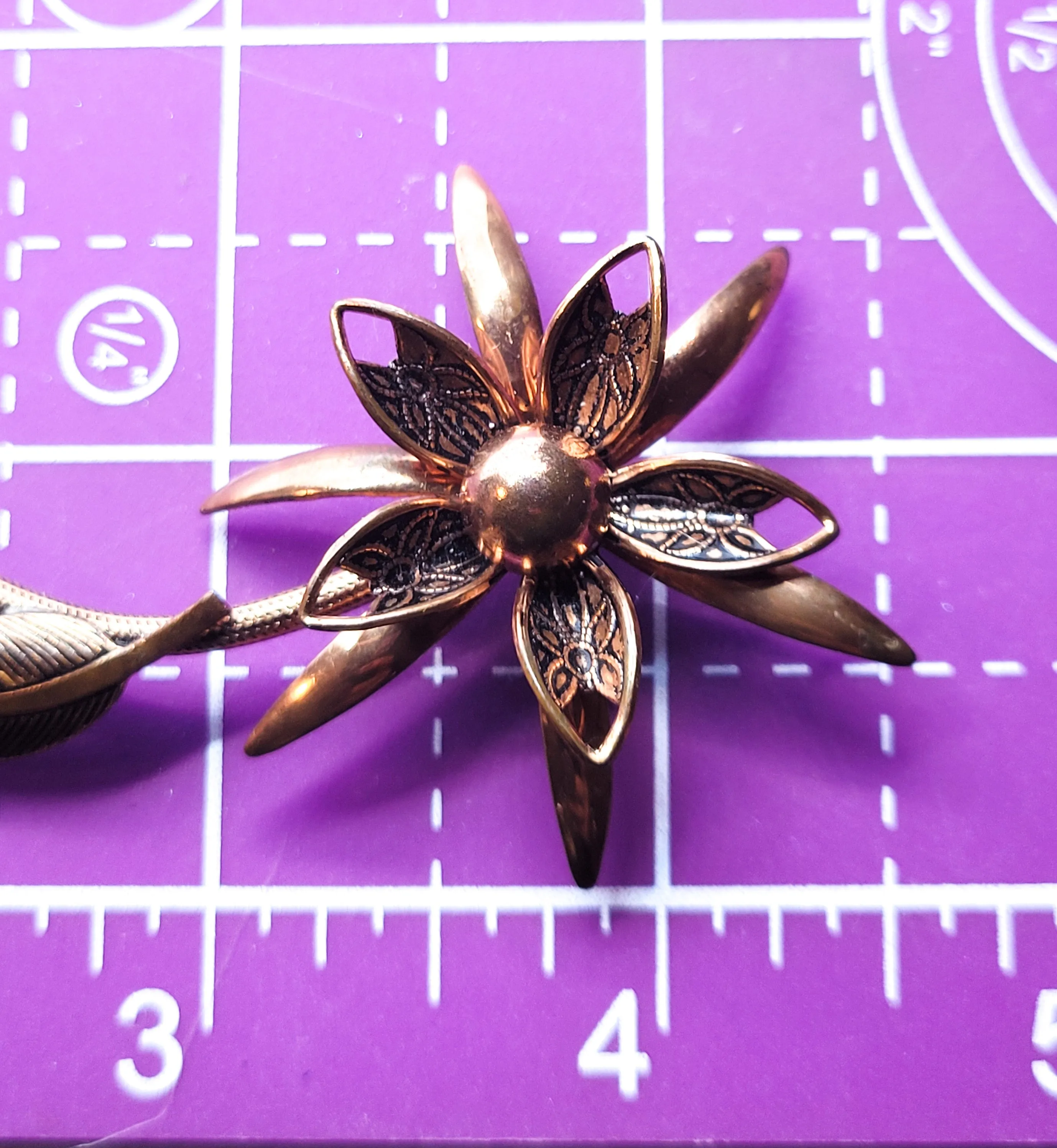 Large copper 3D flower brooch with stem and leaves vintage pin 4.5 inches