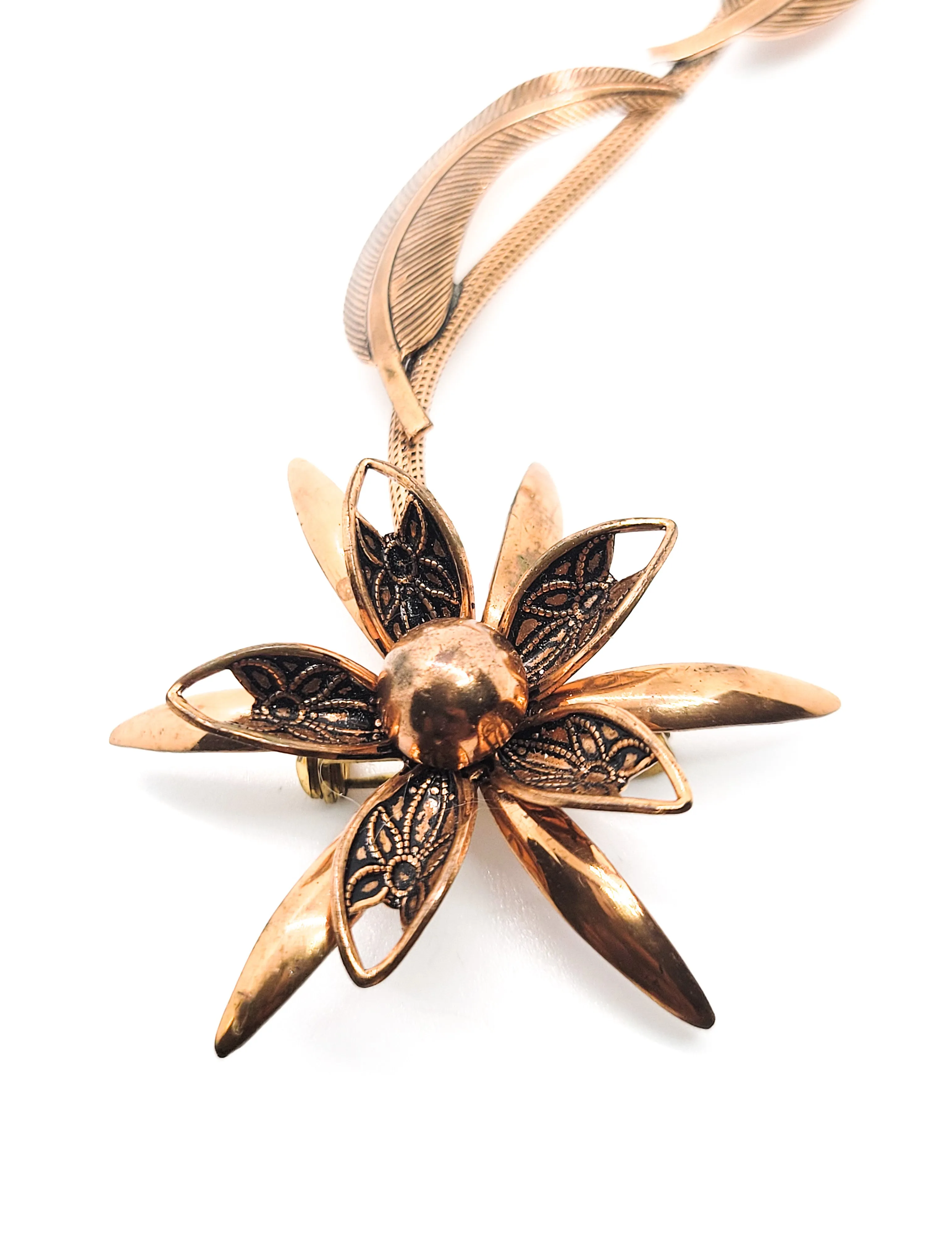 Large copper 3D flower brooch with stem and leaves vintage pin 4.5 inches