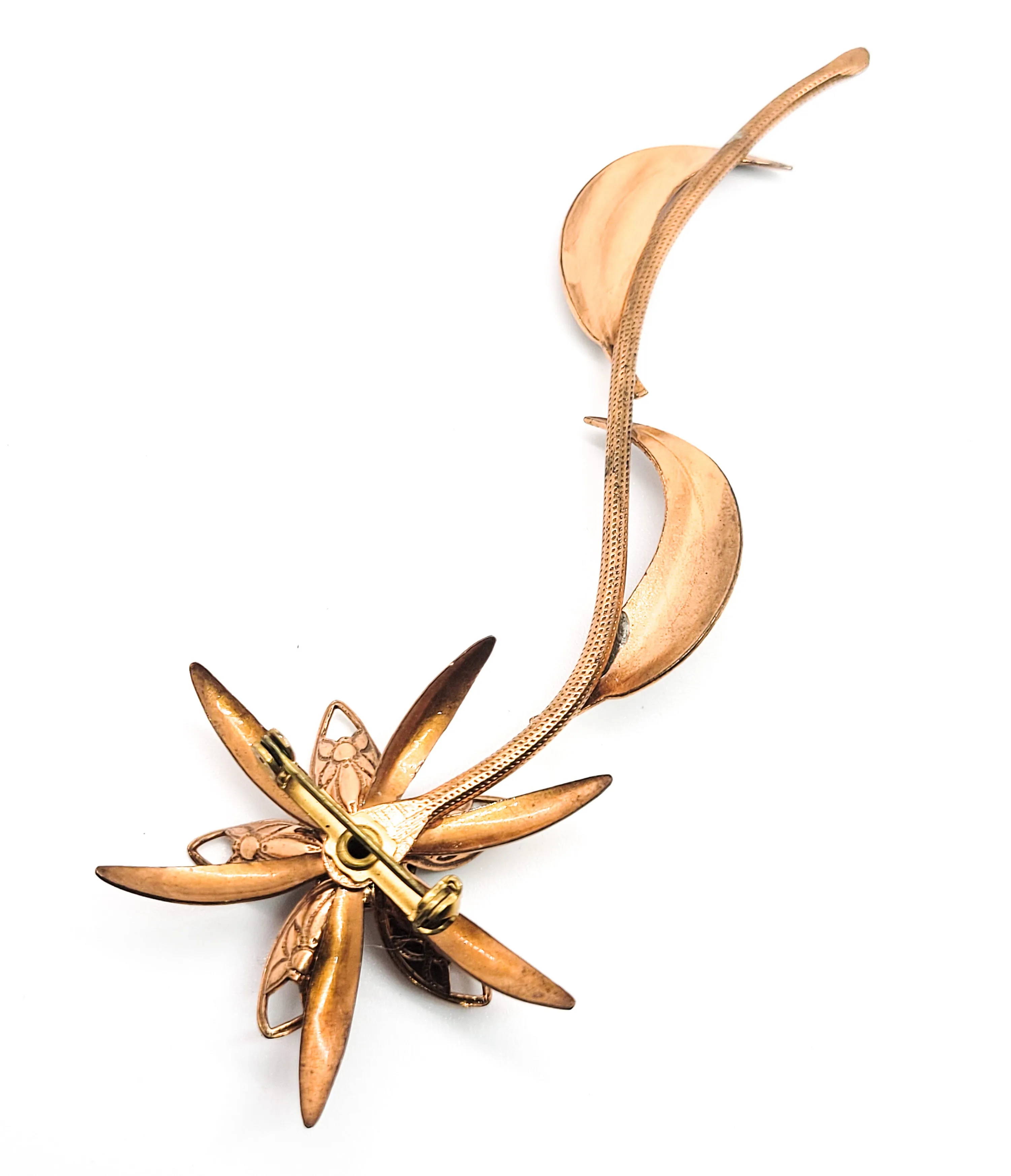 Large copper 3D flower brooch with stem and leaves vintage pin 4.5 inches