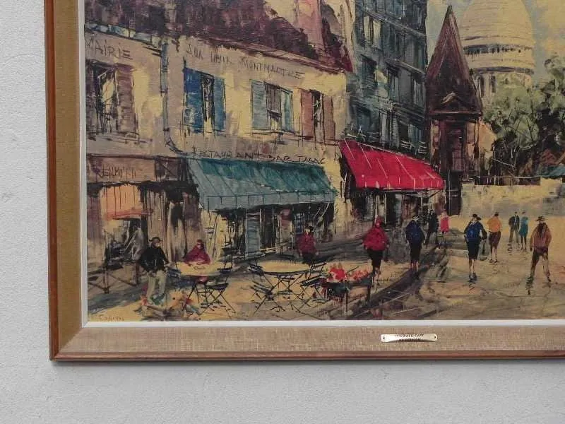 Large Framed Paris Sidewalk Cafe Scene by Collins, Montmartre Area