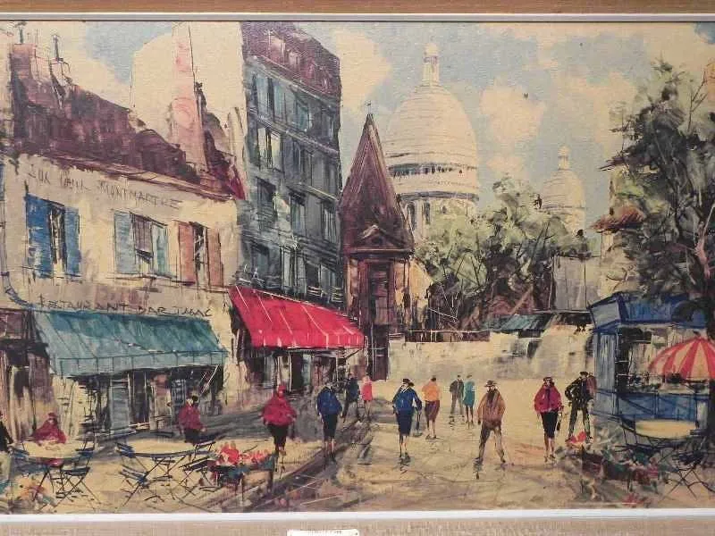 Large Framed Paris Sidewalk Cafe Scene by Collins, Montmartre Area