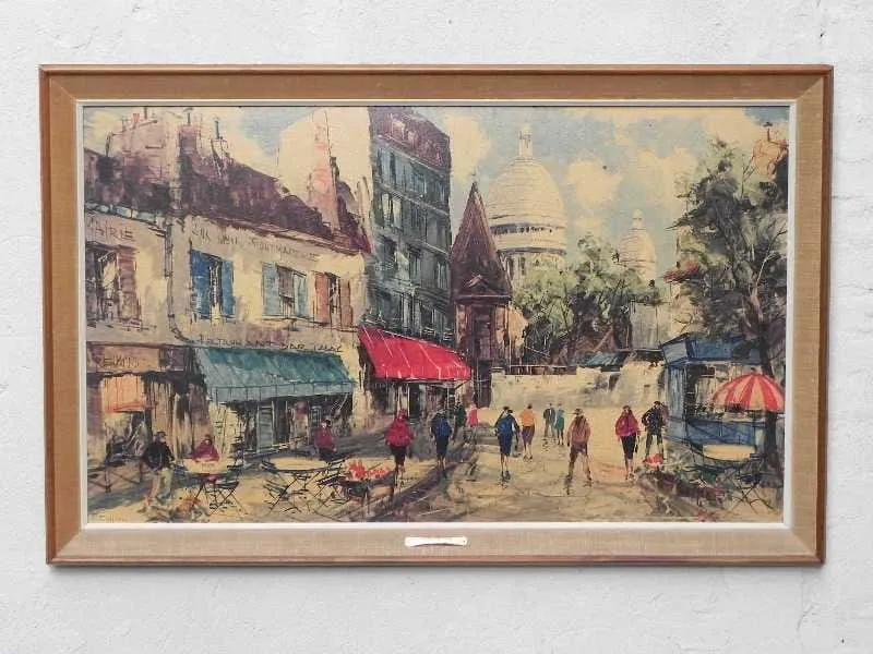 Large Framed Paris Sidewalk Cafe Scene by Collins, Montmartre Area