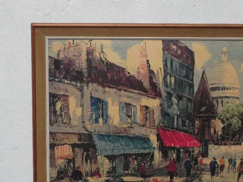 Large Framed Paris Sidewalk Cafe Scene by Collins, Montmartre Area
