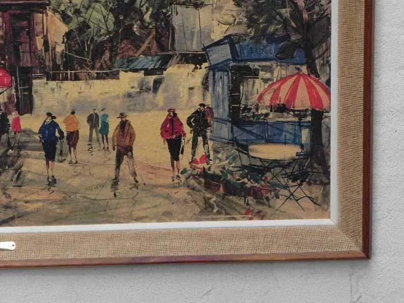 Large Framed Paris Sidewalk Cafe Scene by Collins, Montmartre Area