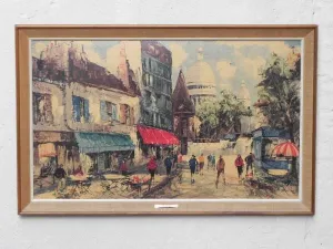 Large Framed Paris Sidewalk Cafe Scene by Collins, Montmartre Area