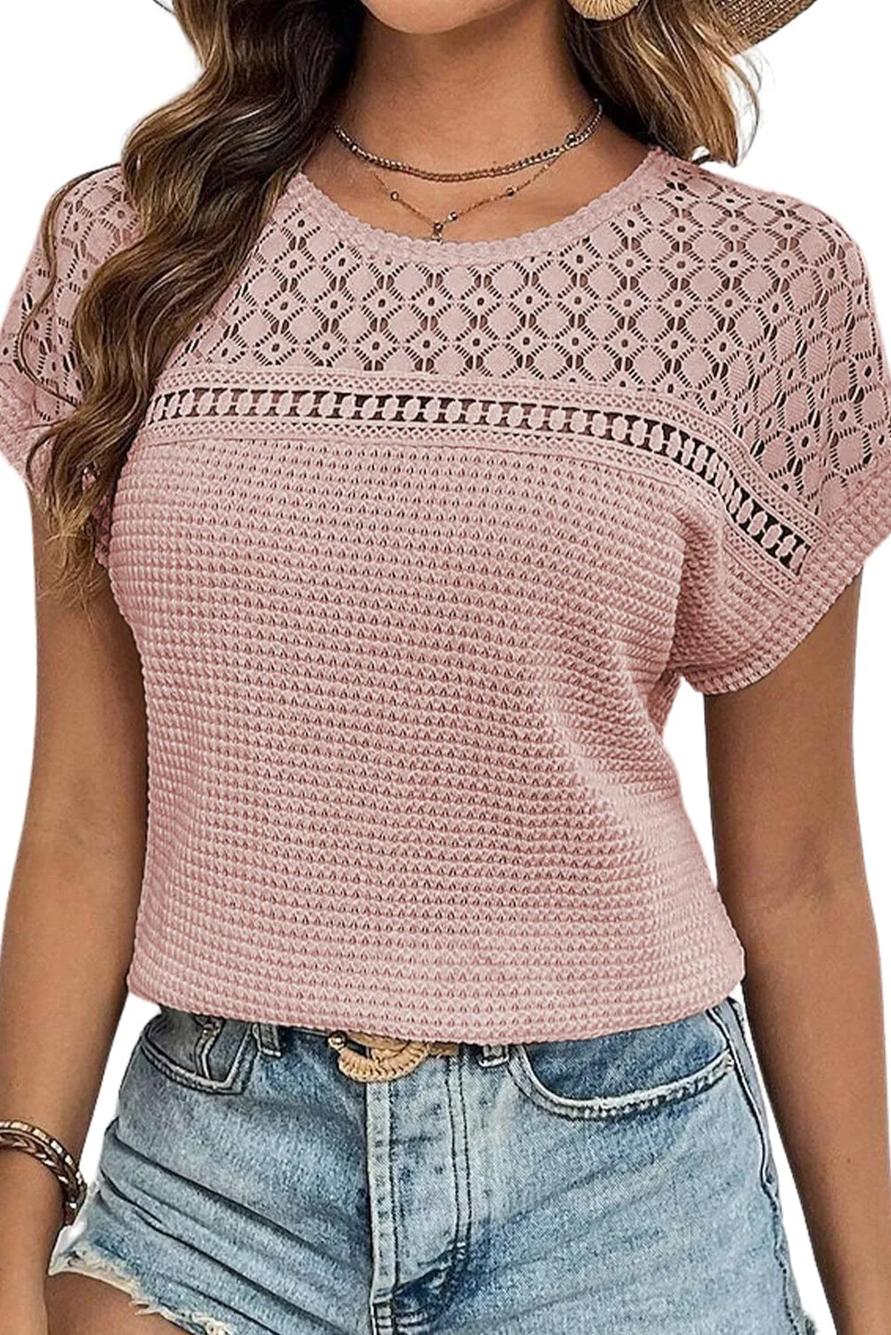 Light Pink Lace Patchwork Waffle Short Sleeve Top