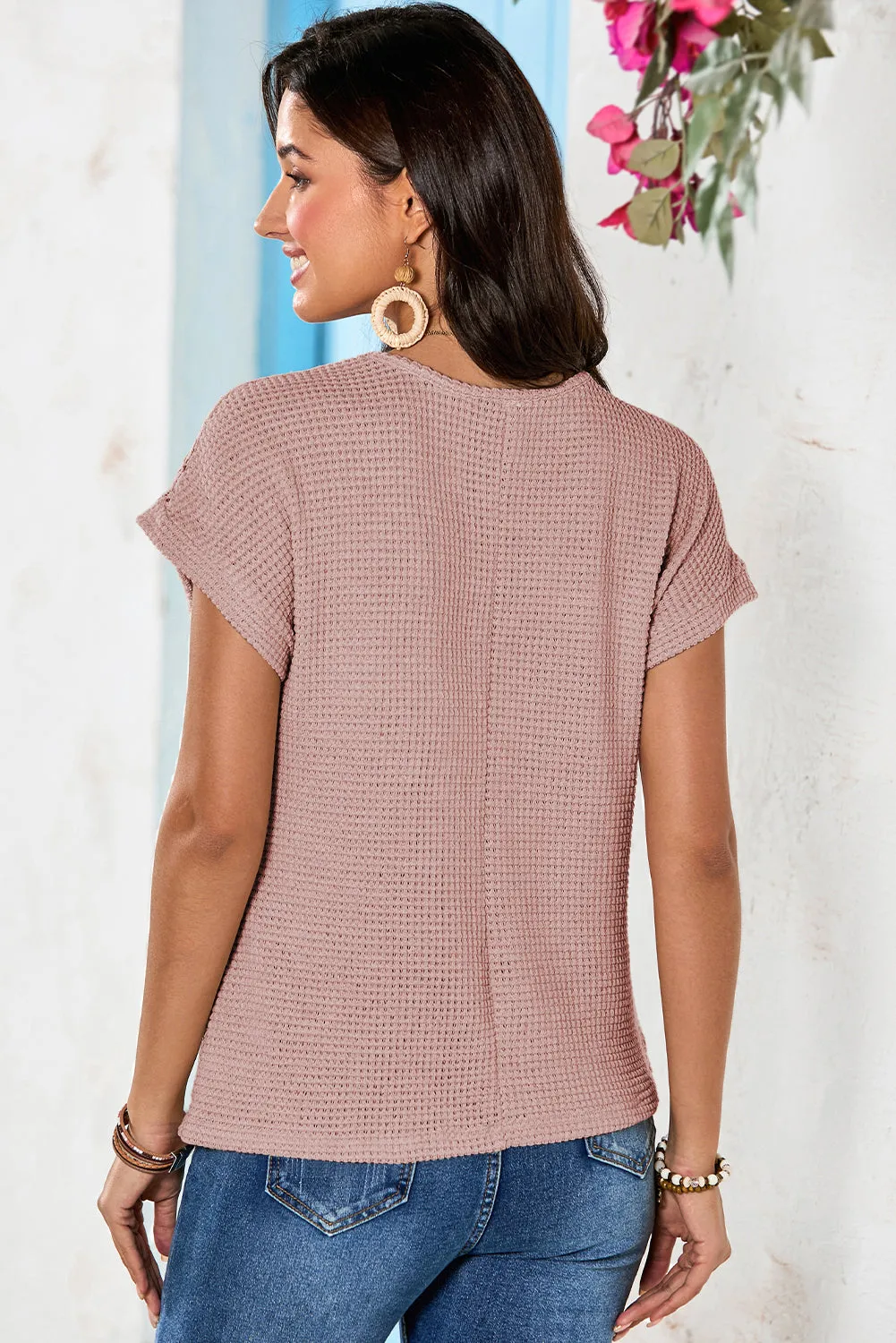 Light Pink Lace Patchwork Waffle Short Sleeve Top
