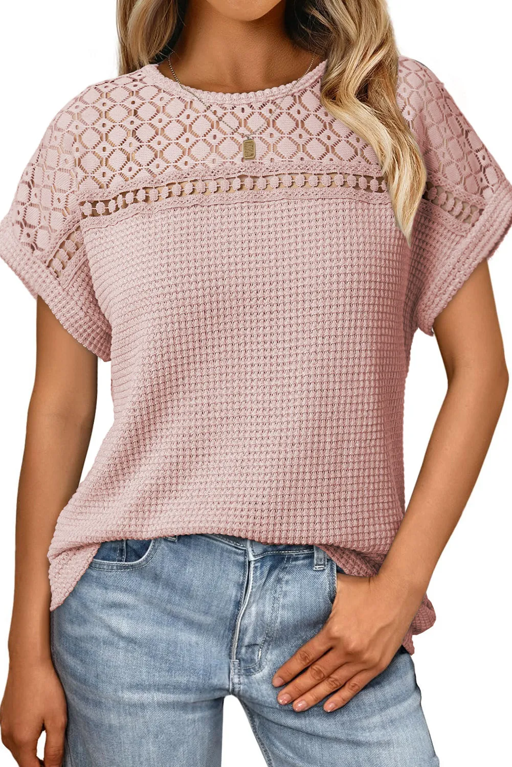 Light Pink Lace Patchwork Waffle Short Sleeve Top